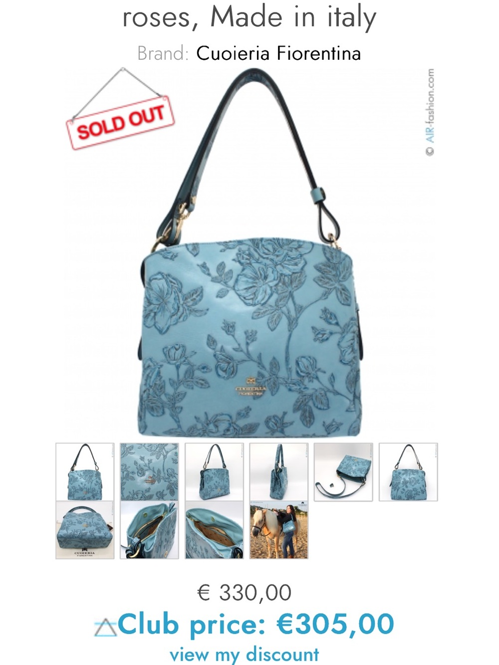 Cuoieria Fiorentina light blue hobo bag, with roses made in, Florence Italy